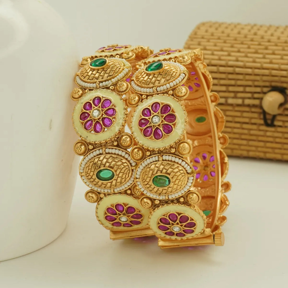 Antique Gold Plated Heavy Bridal Green and Pink Stone Designer Bangle Set