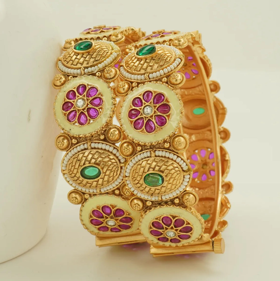 Antique Gold Plated Heavy Bridal Green and Pink Stone Designer Bangle Set