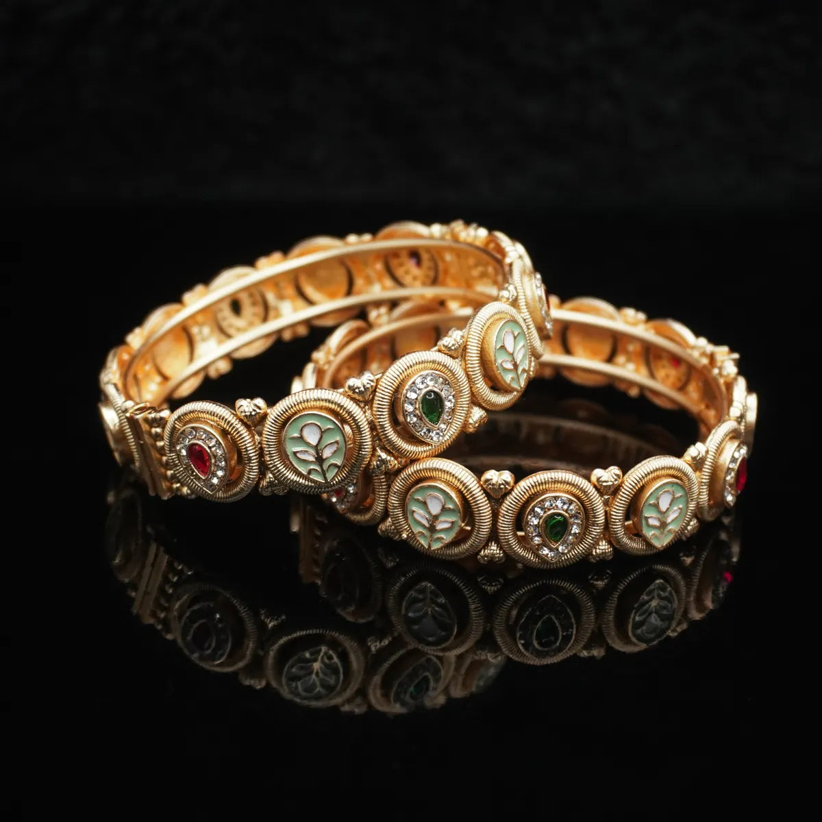 Gold-Plated Meenakari Bangle with Multicolour Stones & Floral Detailing