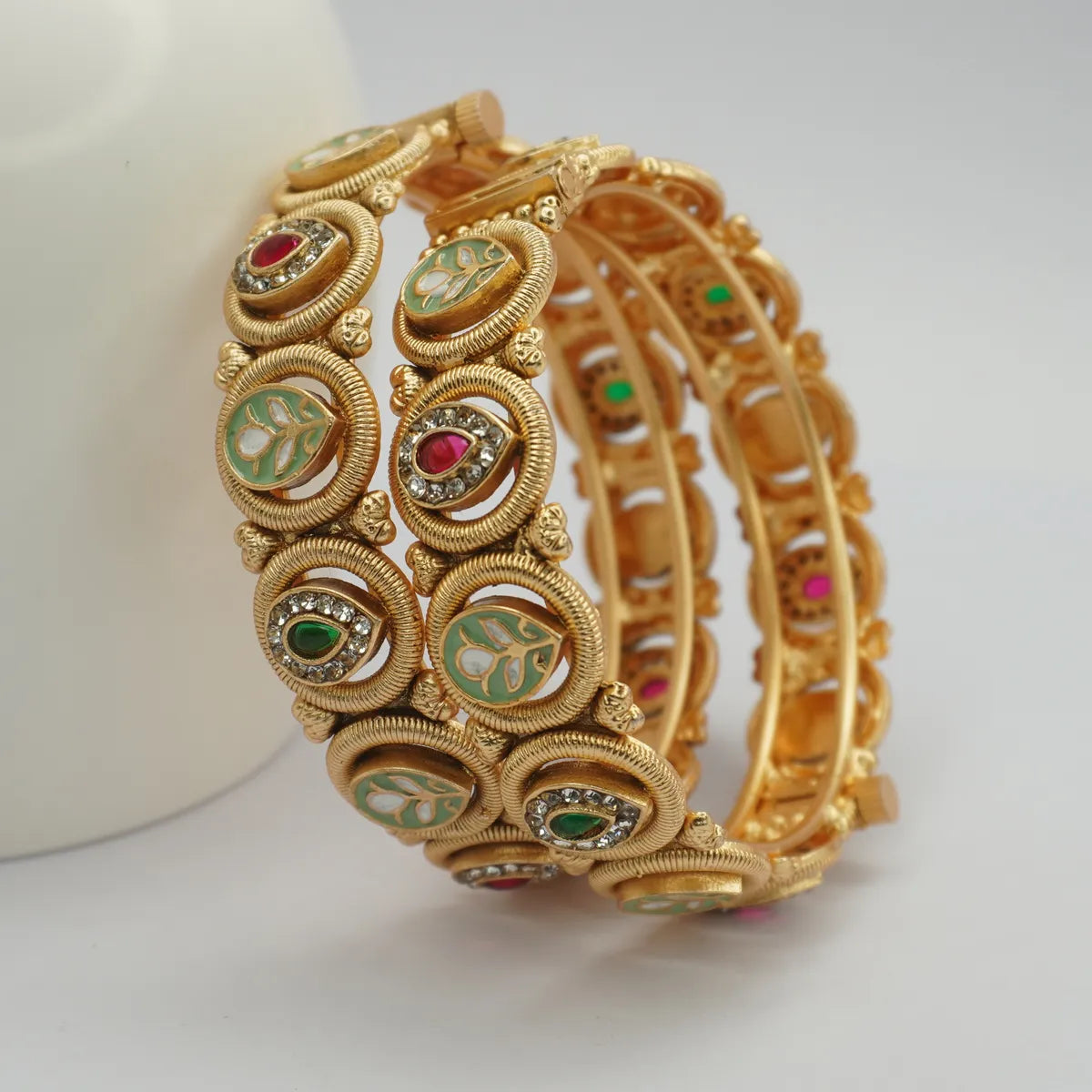 Gold-Plated Meenakari Bangle with Multicolour Stones & Floral Detailing