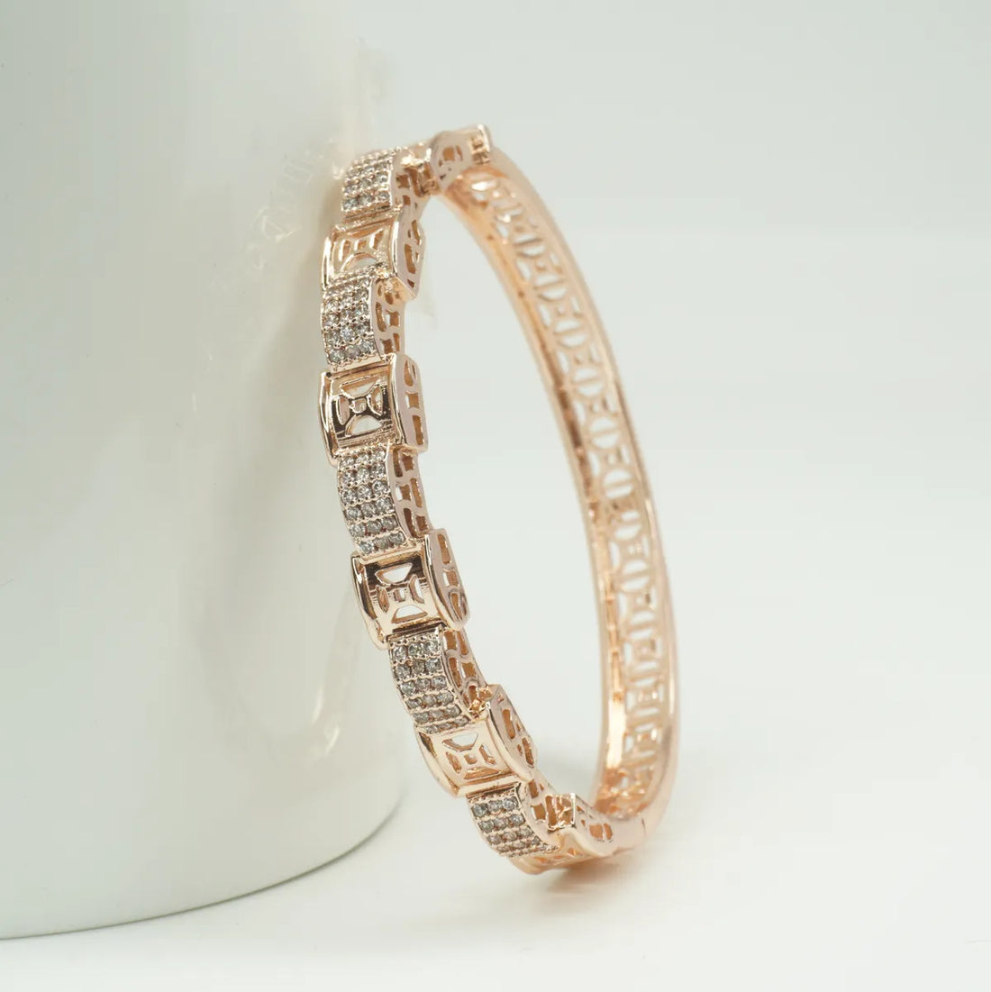 Panini Jewels Rose Gold Plated Geometric Crystal Link Designer Kada Bangle