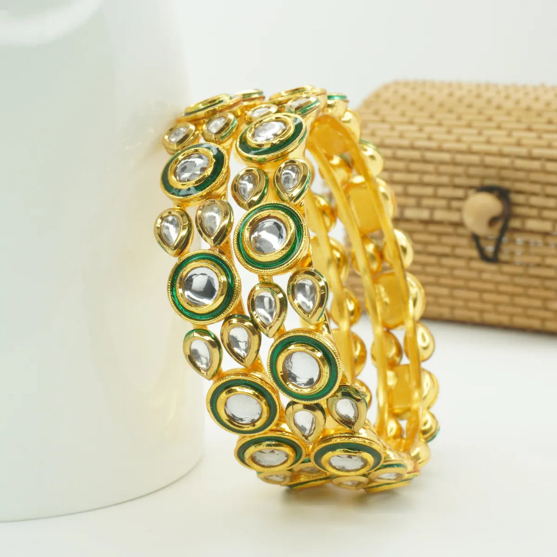 Gold Plated Green Enamel Kundan Statement Bangles Set