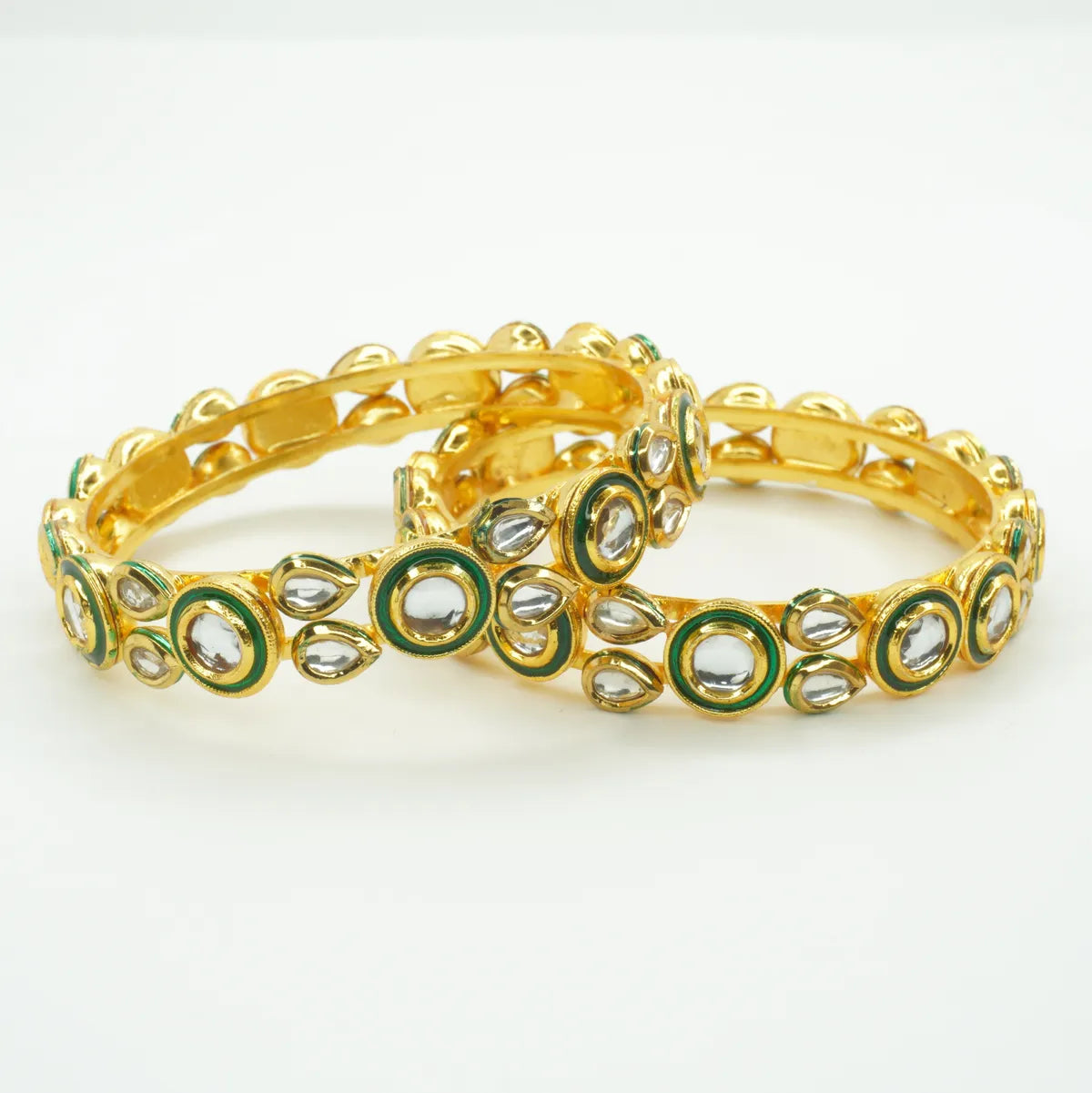 Gold Plated Green Enamel Kundan Statement Bangles Set
