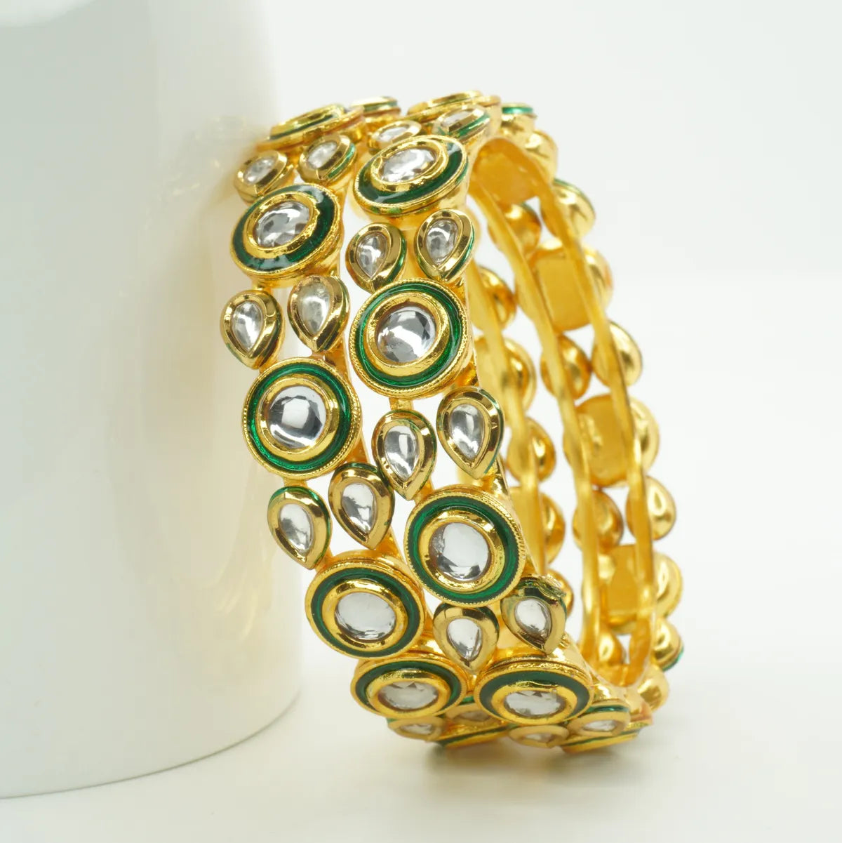 Gold Plated Green Enamel Kundan Statement Bangles Set