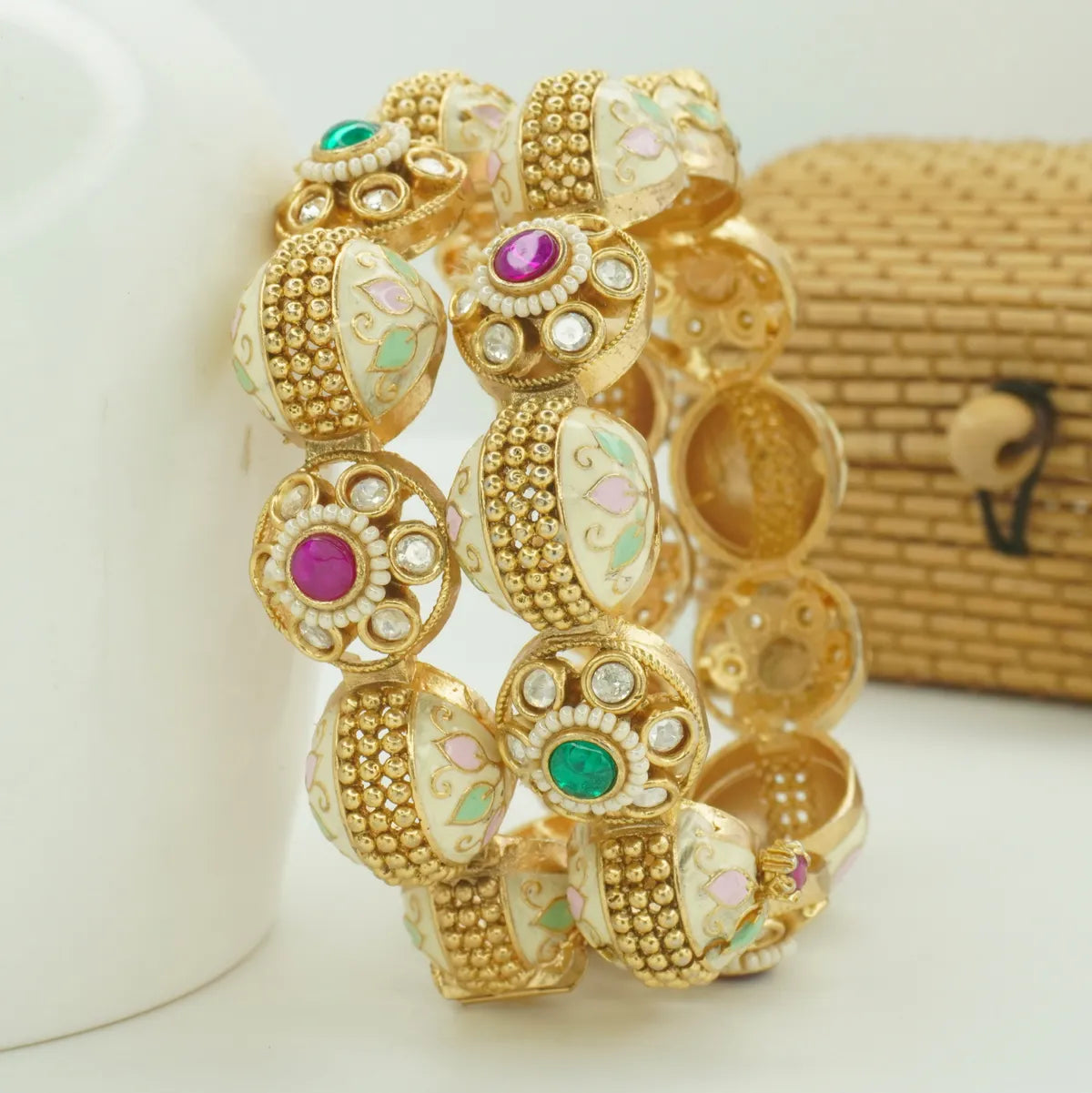 Antique Gold Plated White Meenakari Kada Bangle Pair with Green & Pink Stones for Women