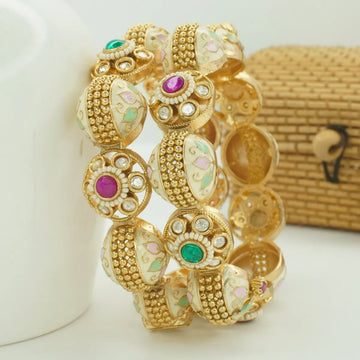 Antique Gold Plated White Meenakari Kada Bangle Pair with Green & Pink Stones for Women