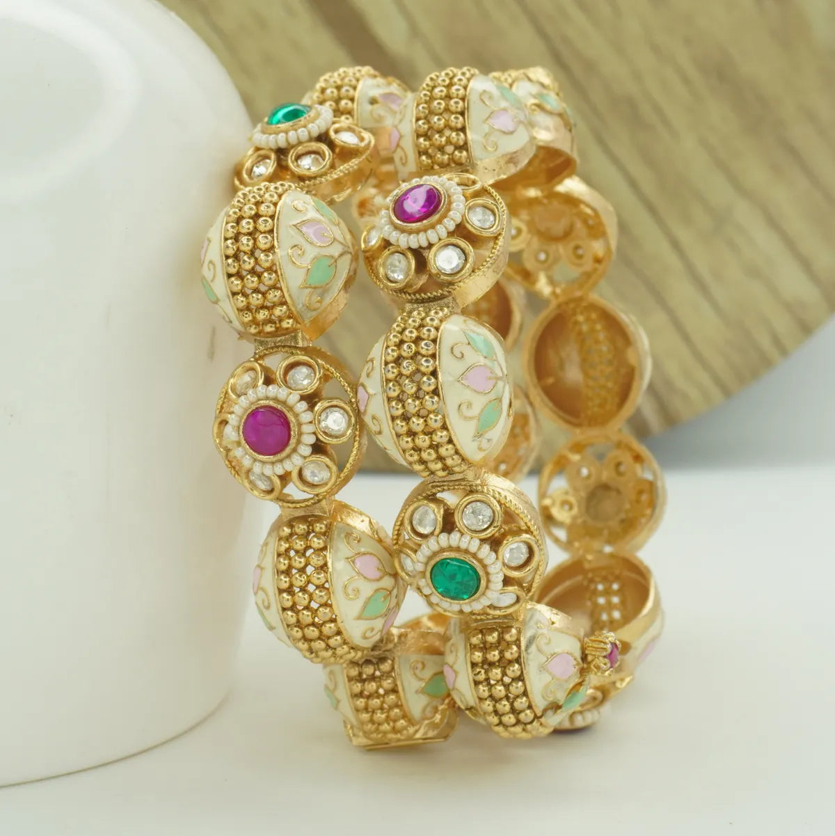 Antique Gold Plated White Meenakari Kada Bangle Pair with Green & Pink Stones for Women