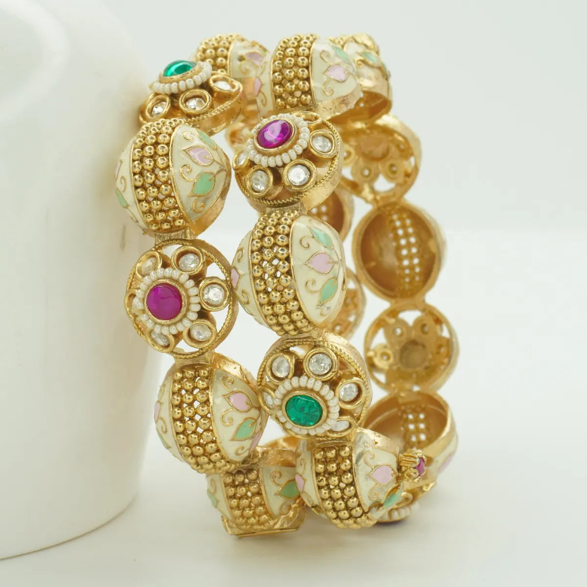 Antique Gold Plated White Meenakari Kada Bangle Pair with Green & Pink Stones for Women