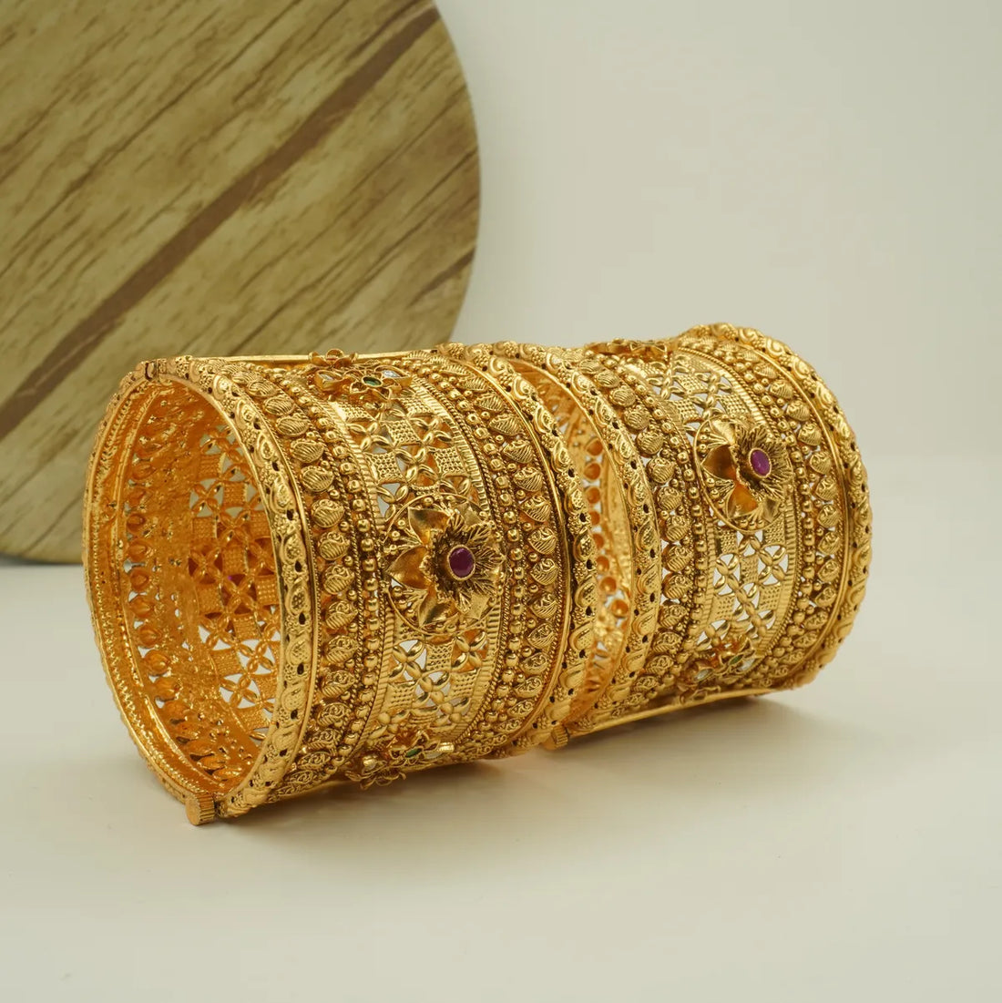 Antique Gold Plated Heavy Carved Bridal Kada Bangle Set for Women