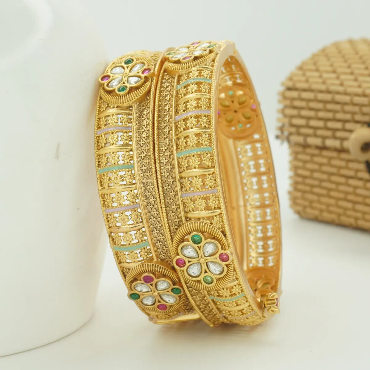 Antique Gold Plated Floral Stone Designer Kada Bangle Pair for Women