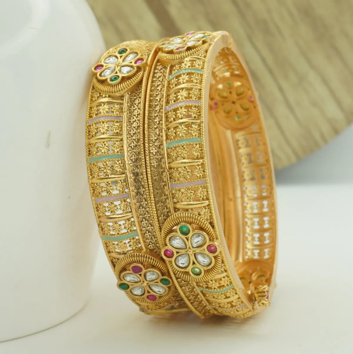 Antique Gold Plated Floral Stone Designer Kada Bangle Pair for Women