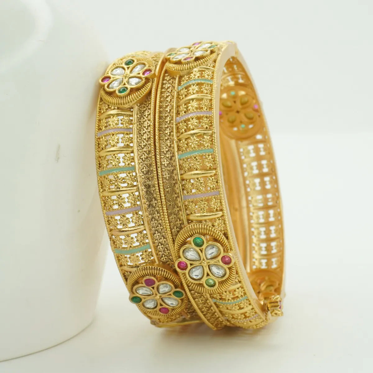 Antique Gold Plated Floral Stone Designer Kada Bangle Pair for Women