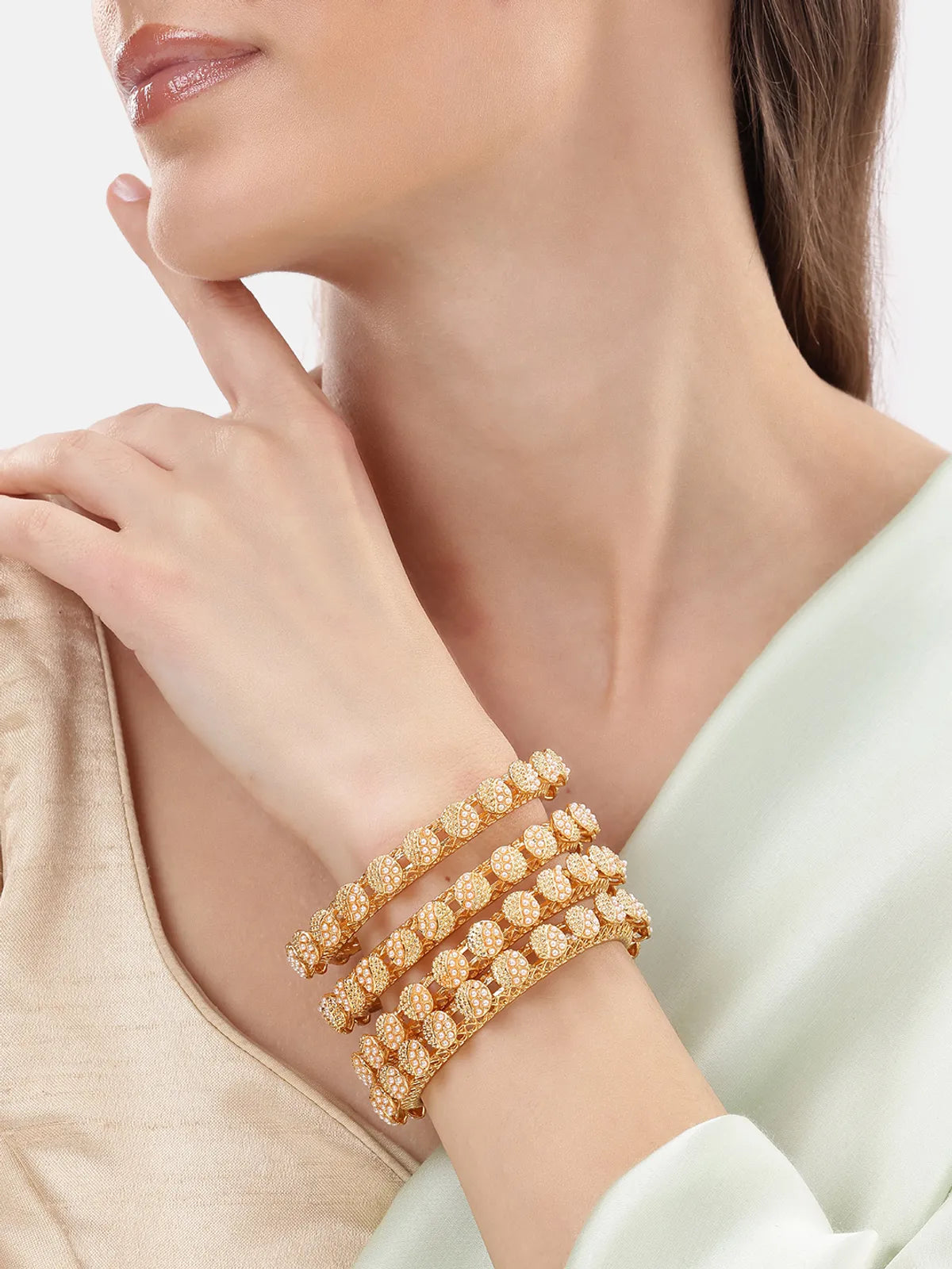 Gold Plated Pearl Based Gokhru Bangle Set (4 Pieces )