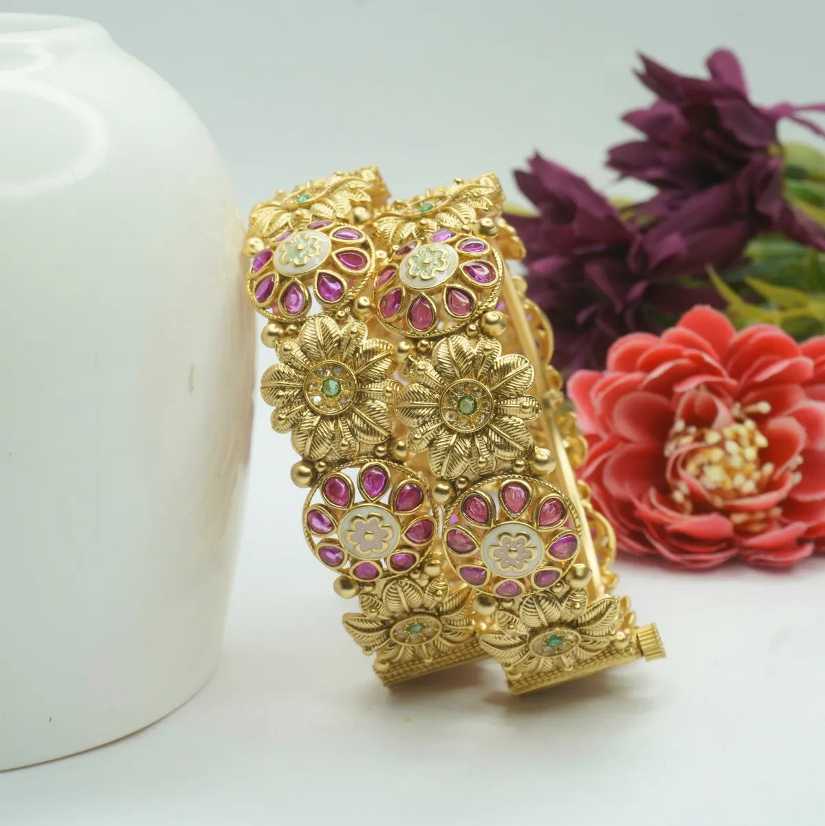 Gold-Plated Floral Kundan & Pink Stone Traditional Bangles for Women
