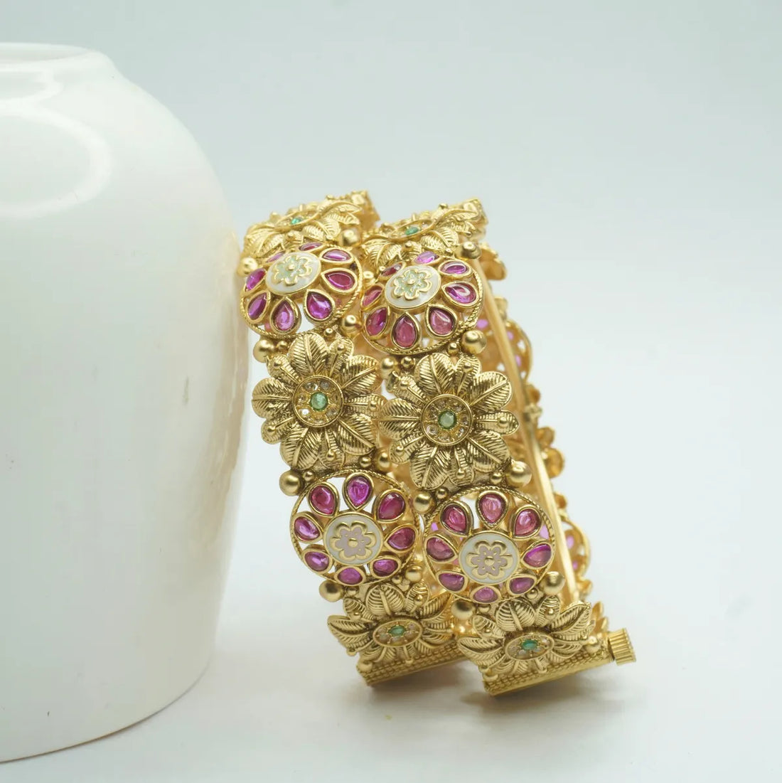 Gold-Plated Floral Kundan & Pink Stone Traditional Bangles for Women