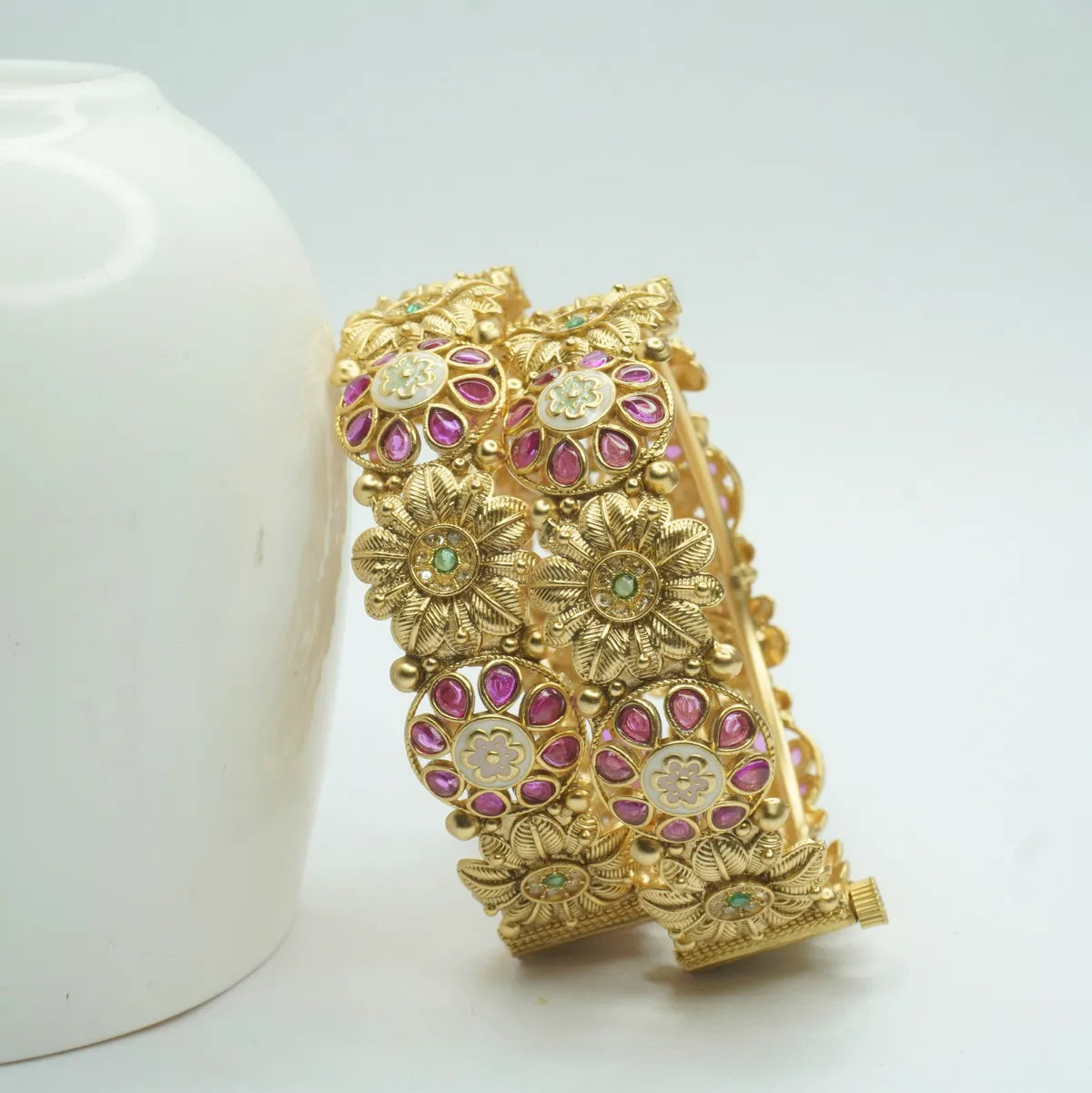 Gold-Plated Floral Kundan & Pink Stone Traditional Bangles for Women