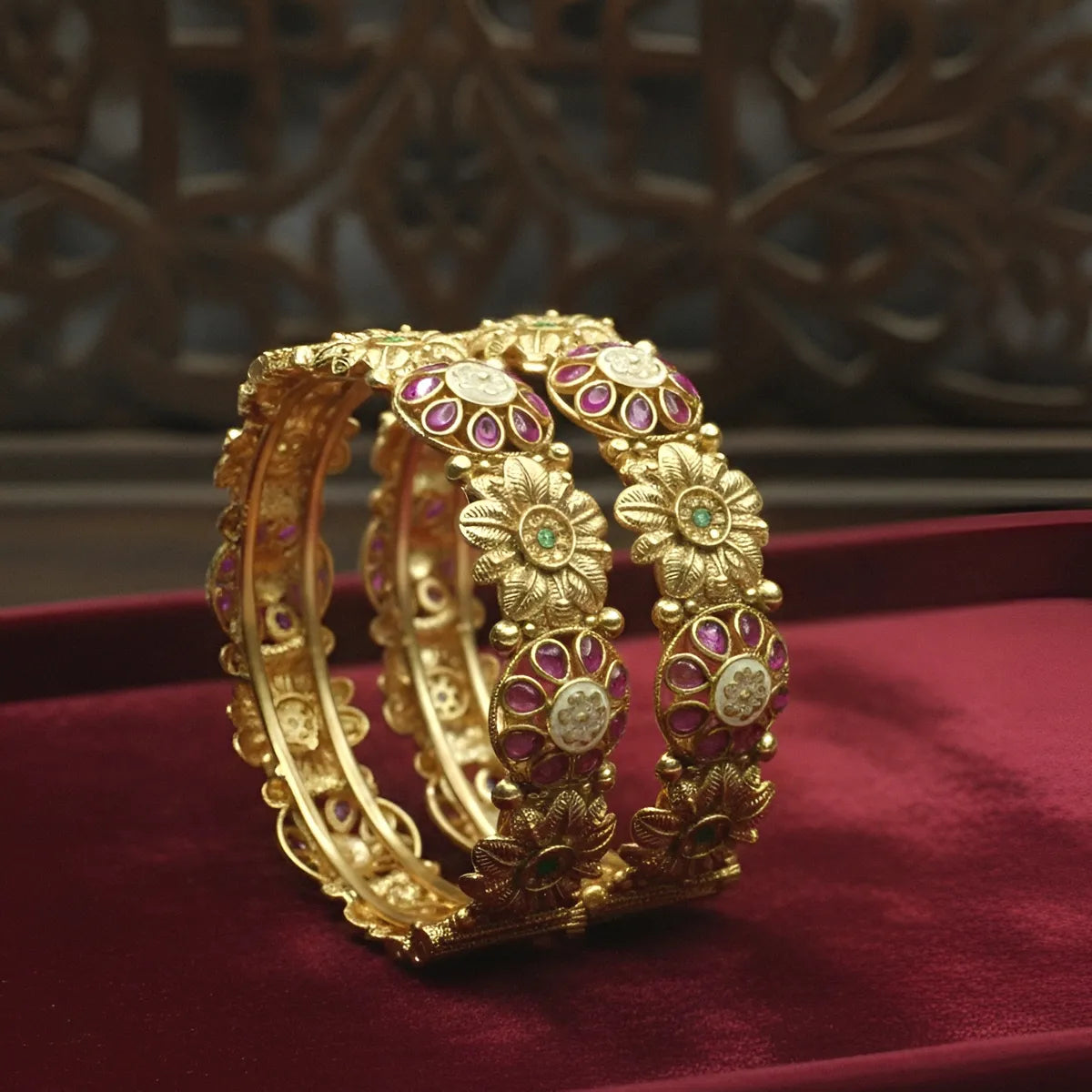 Gold-Plated Floral Kundan & Pink Stone Traditional Bangles for Women