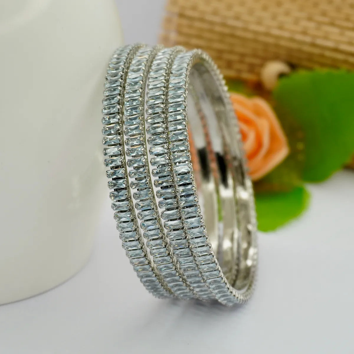 Rodium Plated Thin Ad Bangles Set (4 Pieces )