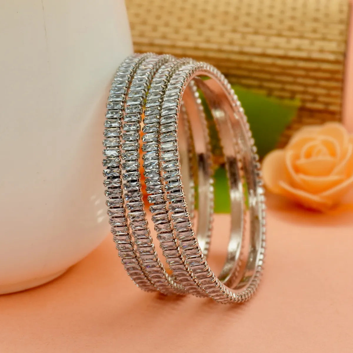 Rodium Plated Thin Ad Bangles Set (4 Pieces )