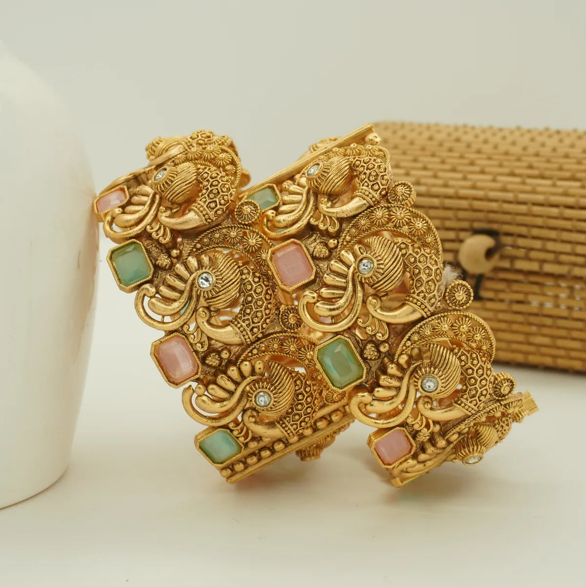 Antique Gold Plated Peacock Design Pastel Stone Heavy Bridal Bangle Set