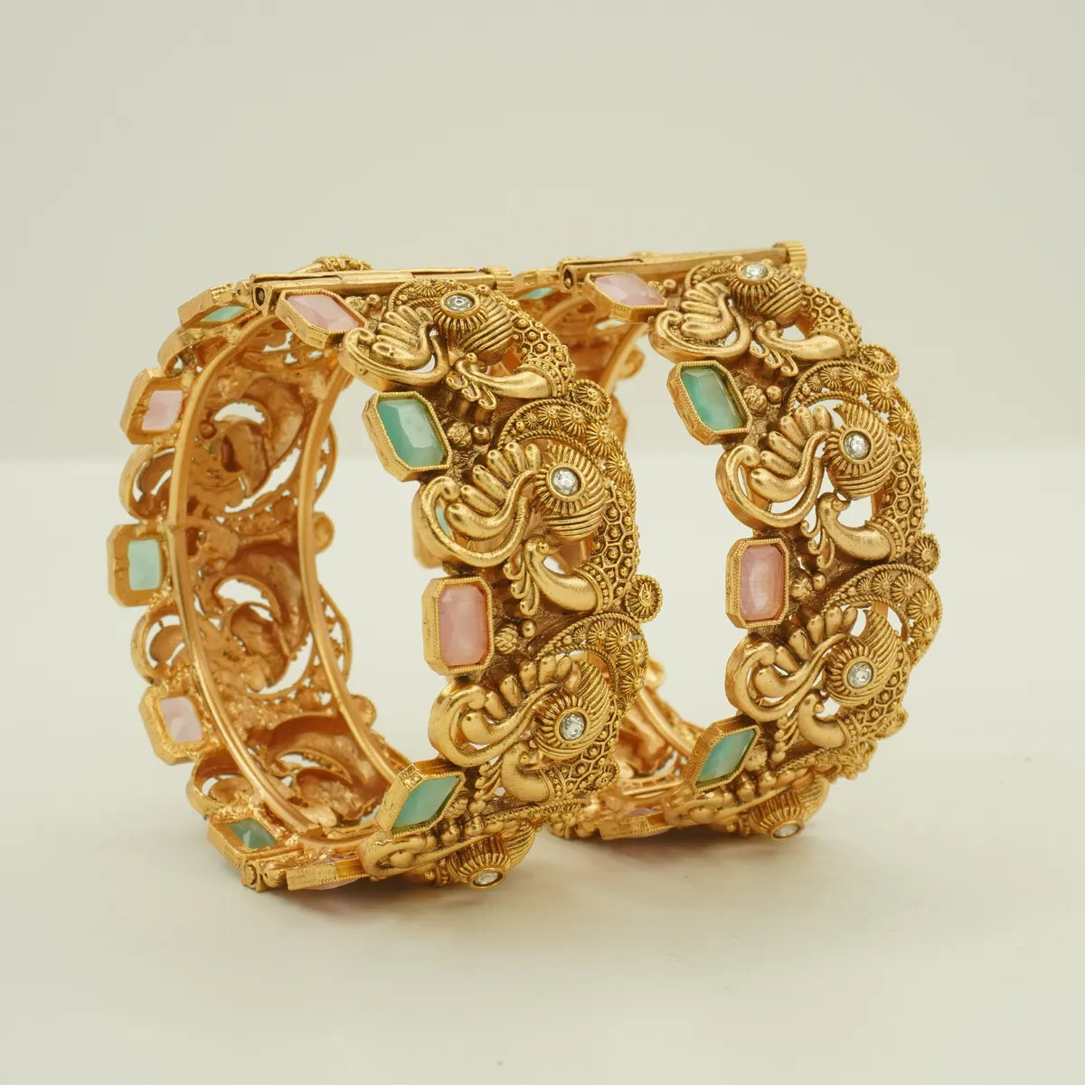 Antique Gold Plated Peacock Design Pastel Stone Heavy Bridal Bangle Set