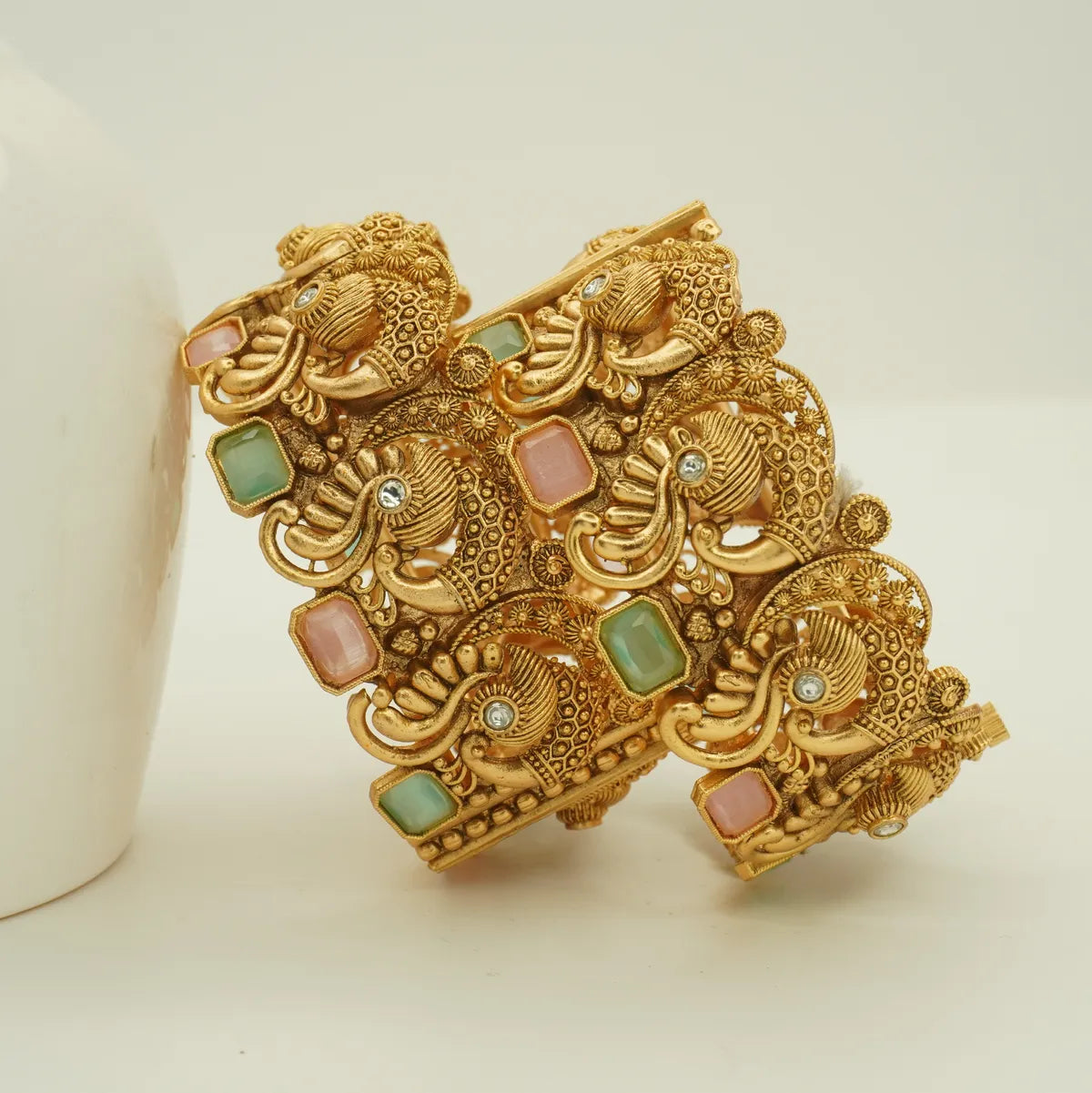 Antique Gold Plated Peacock Design Pastel Stone Heavy Bridal Bangle Set