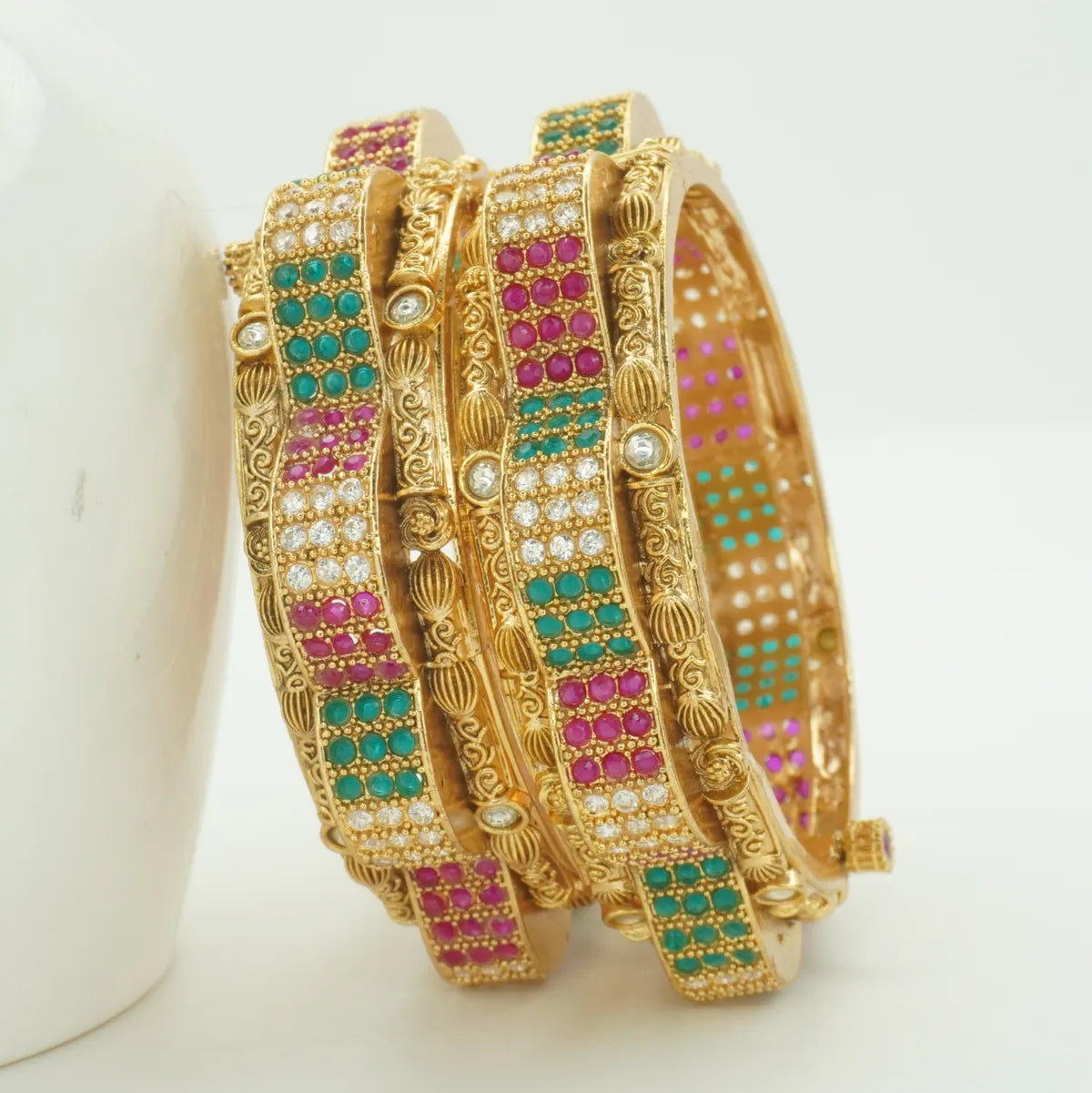 Antique Gold Plated Green & Pink Stone Kada Bangle Pair for Women