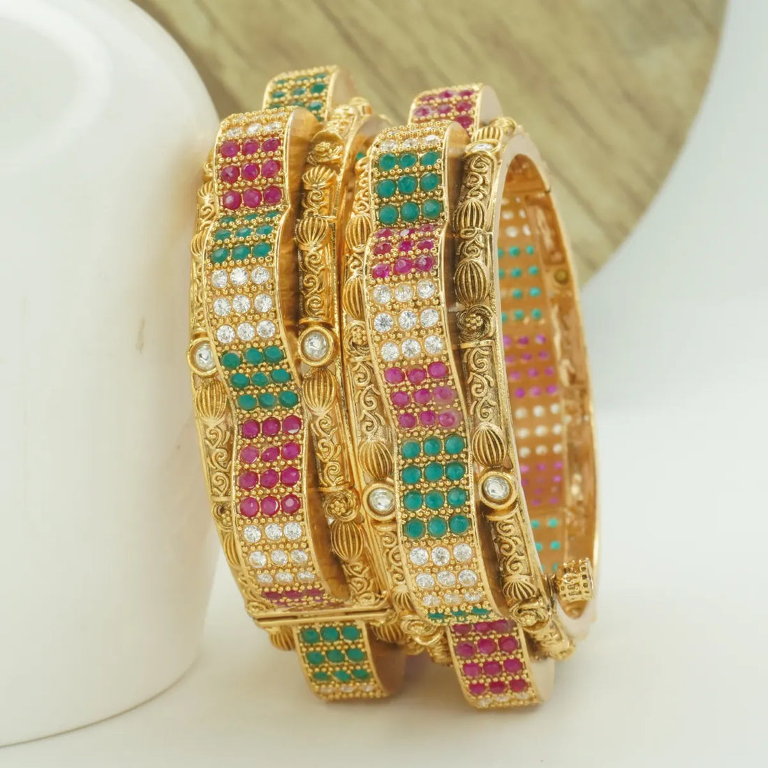 Antique Gold Plated Green & Pink Stone Kada Bangle Pair for Women
