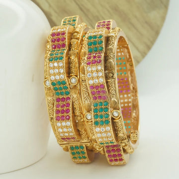 Antique Gold Plated Green & Pink Stone Kada Bangle Pair for Women