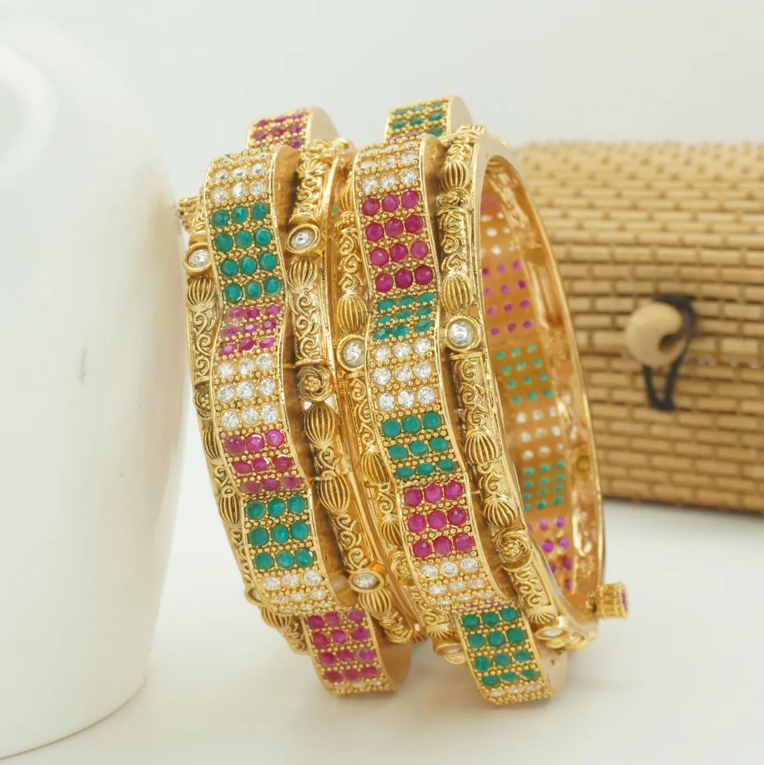 Antique Gold Plated Green & Pink Stone Kada Bangle Pair for Women