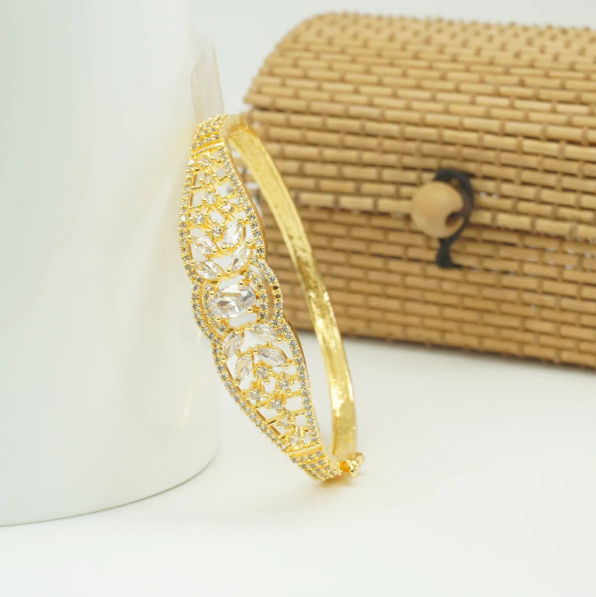 Panini Jewels Gold Plated Leaf Motif Crystal Studded Designer Kada Bangle