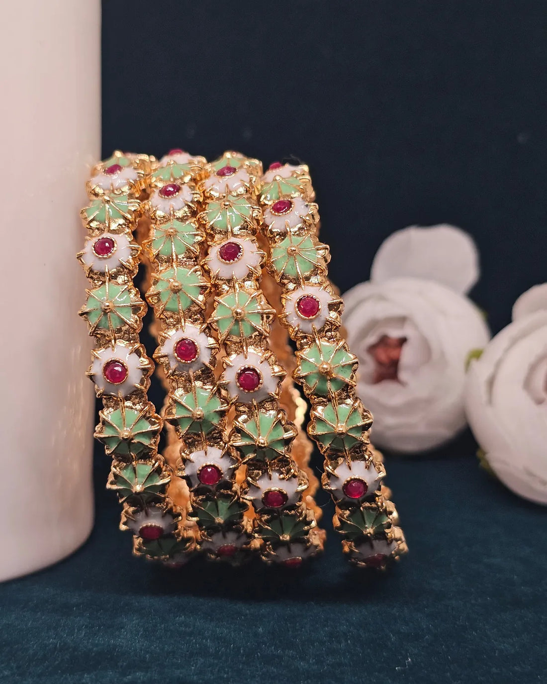 Gold-Plated Meenakari Floral Stone Studded Traditional Bangle Set for Women