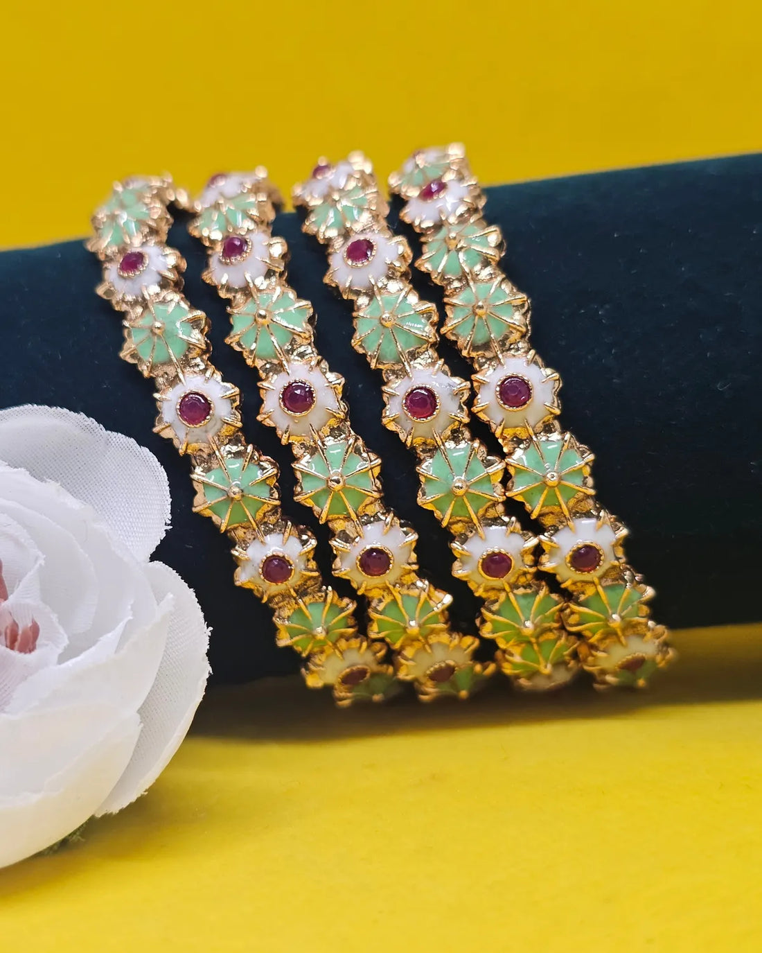 Gold-Plated Meenakari Floral Stone Studded Traditional Bangle Set for Women