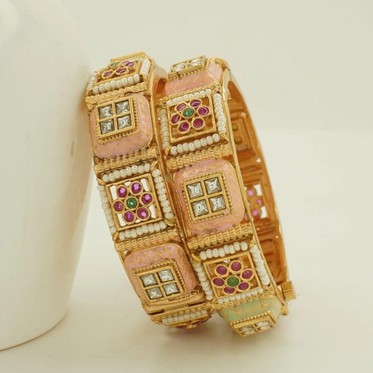 Antique Gold Plated Pastel Meenakari Pearl Work Bridal Bangle Set for Women