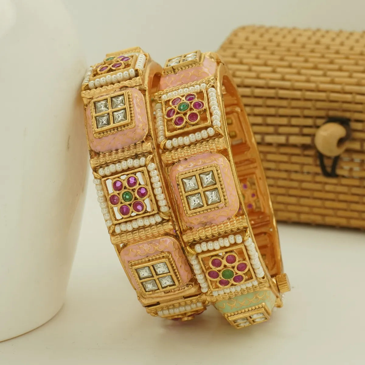 Antique Gold Plated Pastel Meenakari Pearl Work Bridal Bangle Set for Women