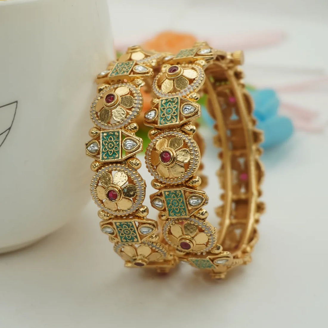 Gold-Plated Floral Meenakari Bangle with Red & White Stone Accents
