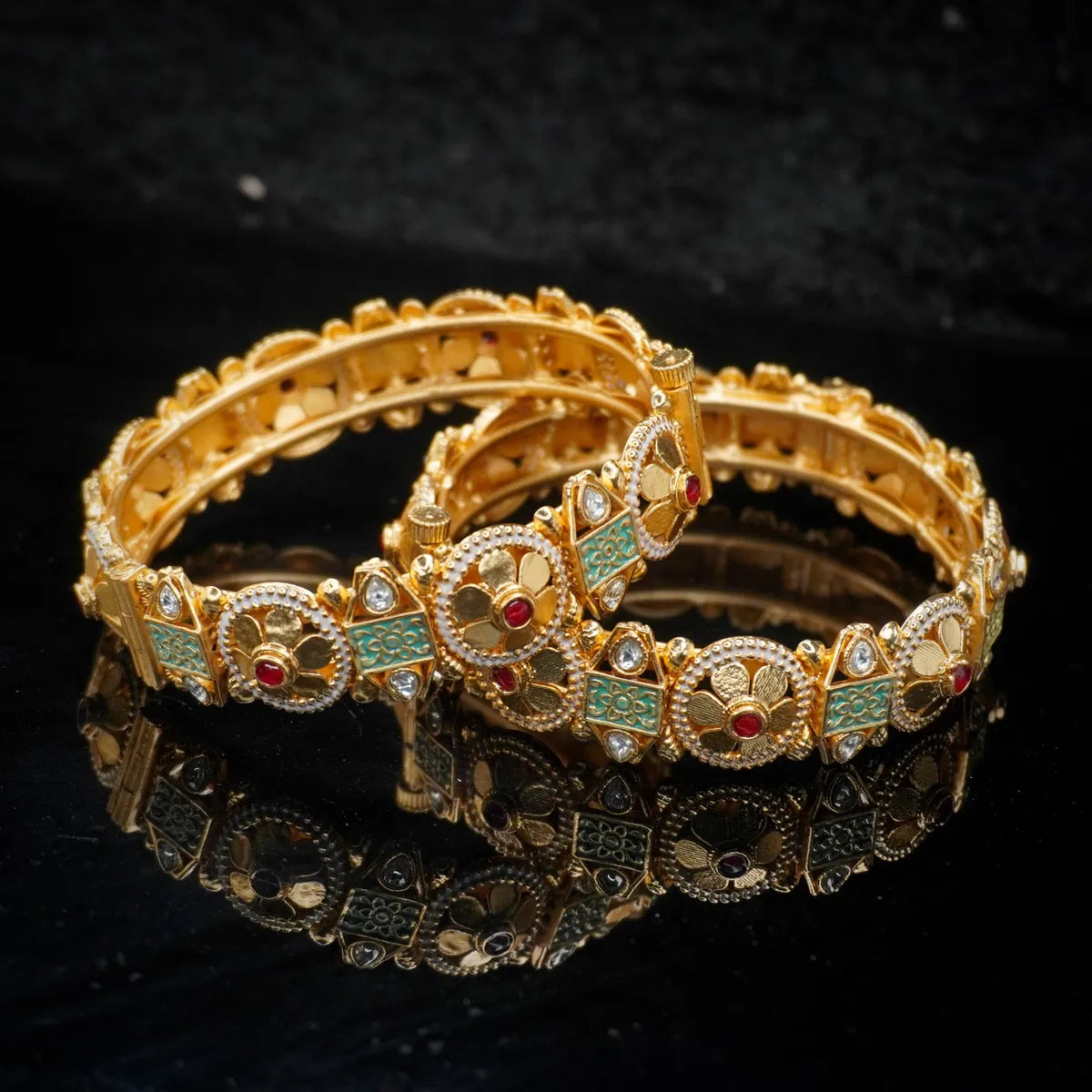 Gold-Plated Floral Meenakari Bangle with Red & White Stone Accents