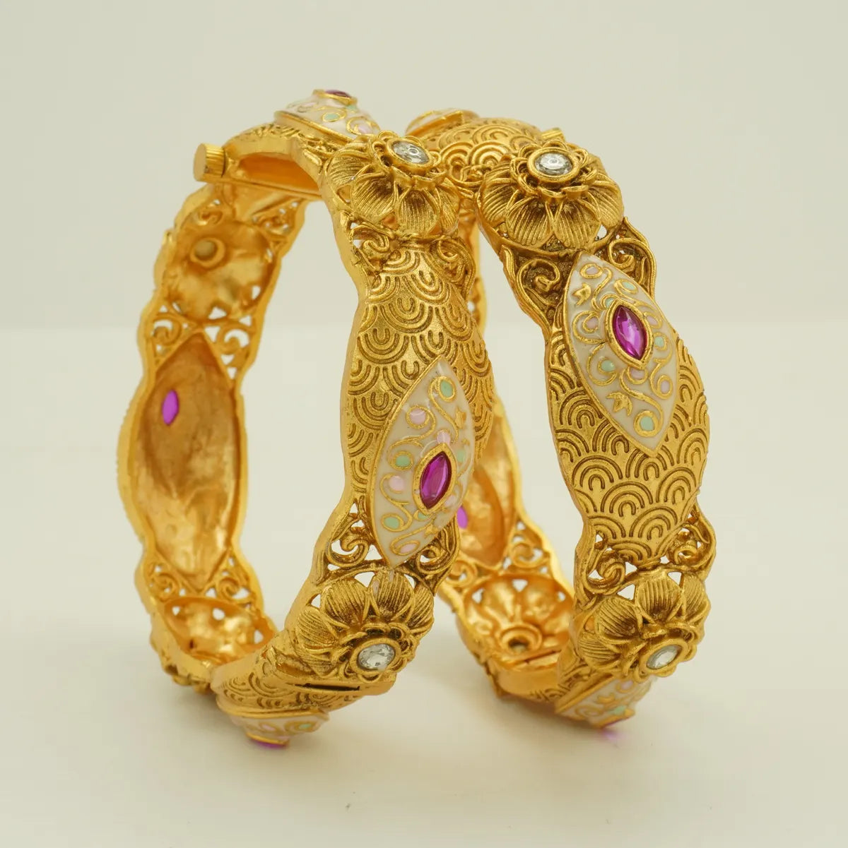 Antique Gold Plated Meenakari Floral Pink Stone Bridal Bangle Set for Women
