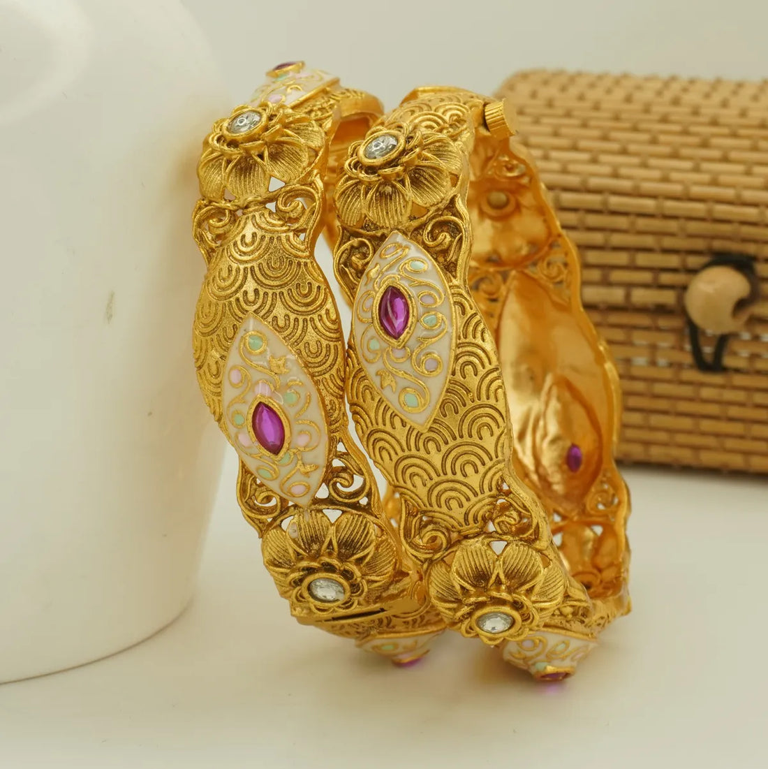 Antique Gold Plated Meenakari Floral Pink Stone Bridal Bangle Set for Women