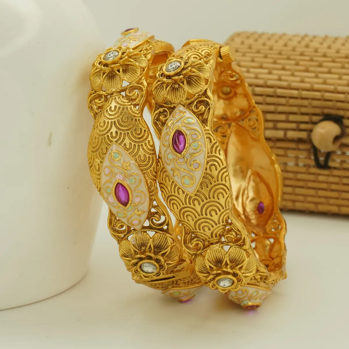 Antique Gold Plated Meenakari Floral Pink Stone Bridal Bangle Set for Women