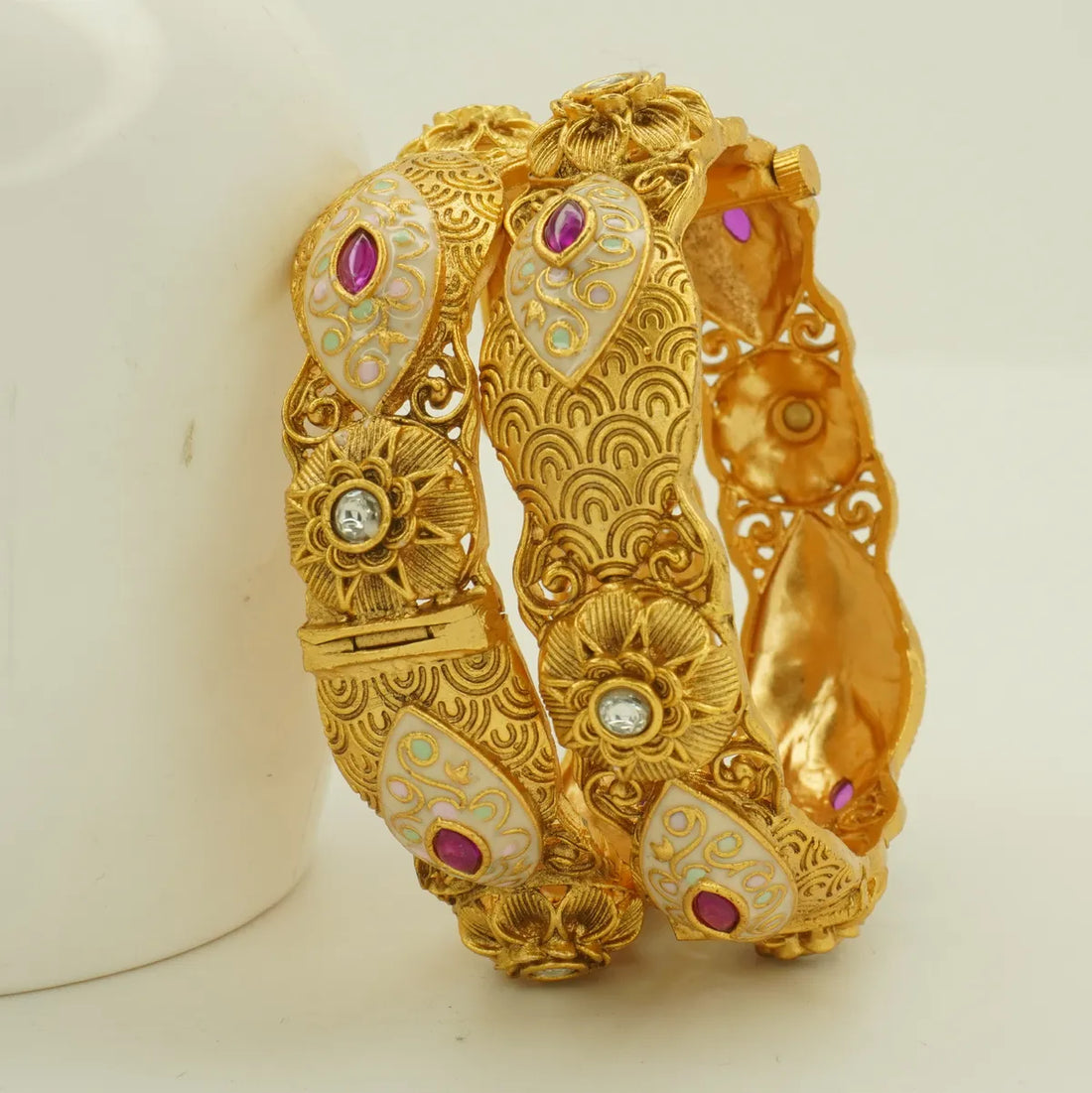 Antique Gold Plated Meenakari Floral Pink Stone Bridal Bangle Set for Women