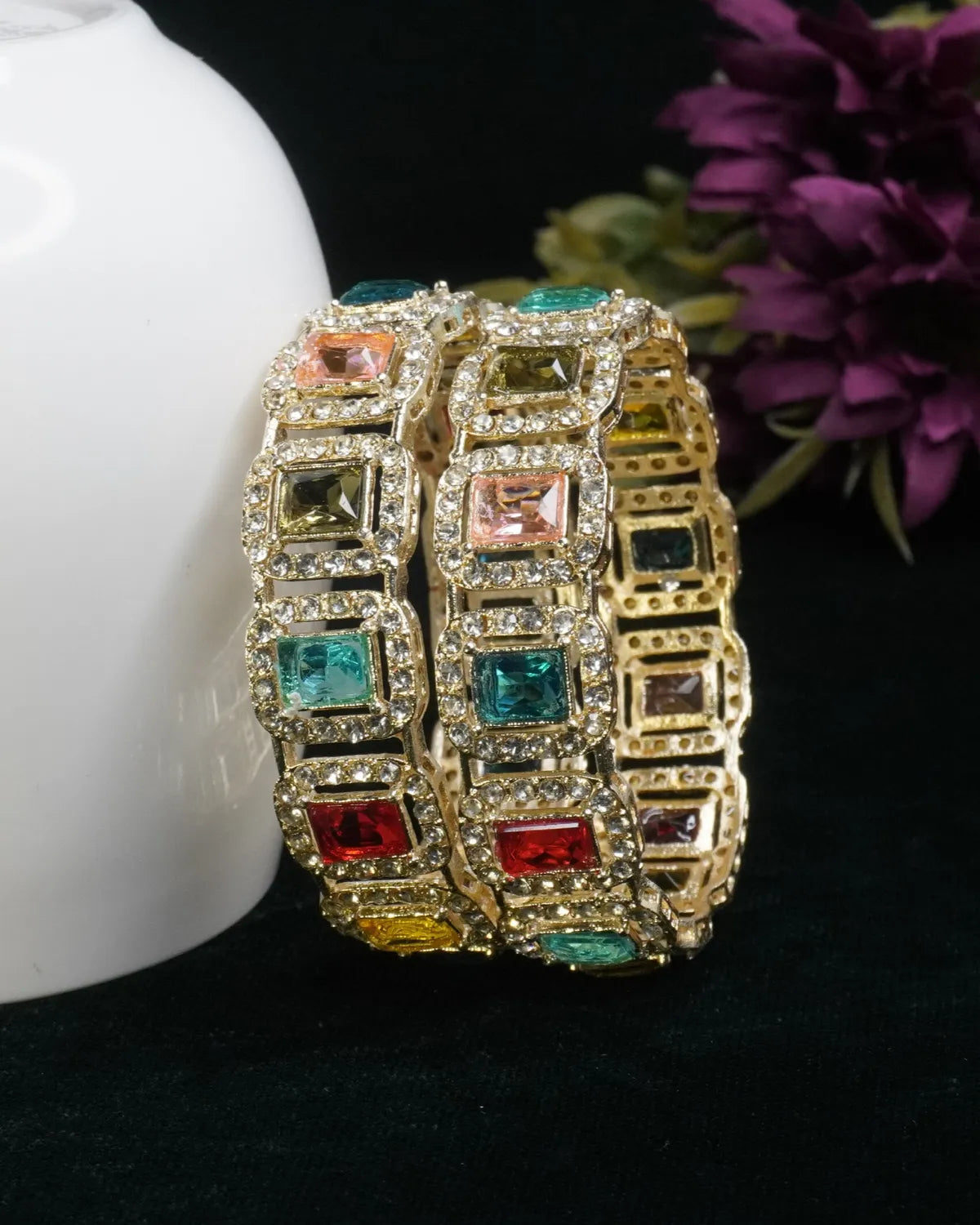 Gold-Plated Multicolour Stone Studded Designer Bangle Set for Women