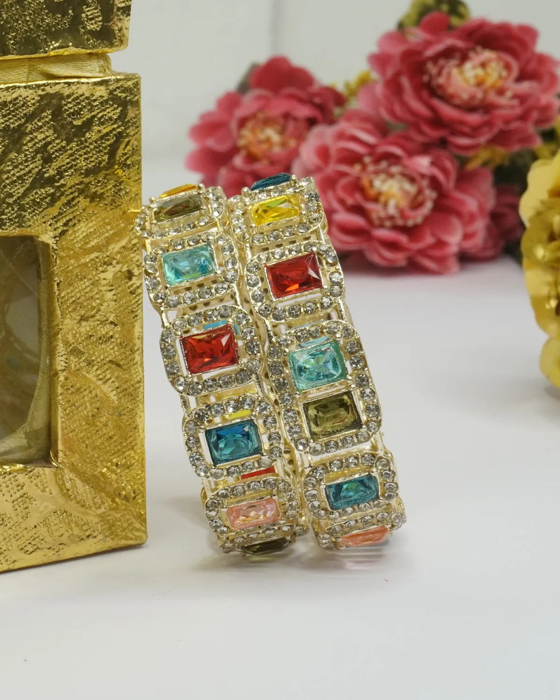Gold-Plated Multicolour Stone Studded Designer Bangle Set for Women