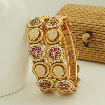 Antique Gold Plated Meenakari Floral Pearl Work Bridal Bangle Set for Women