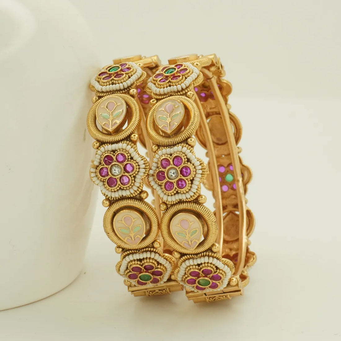 Antique Gold Plated Meenakari Floral Pearl Work Bridal Bangle Set for Women