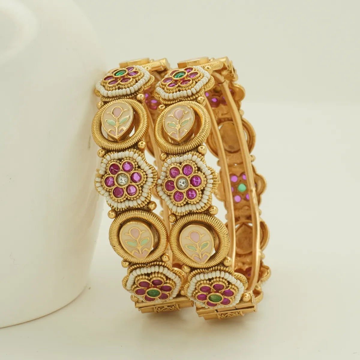 Antique Gold Plated Meenakari Floral Pearl Work Bridal Bangle Set for Women