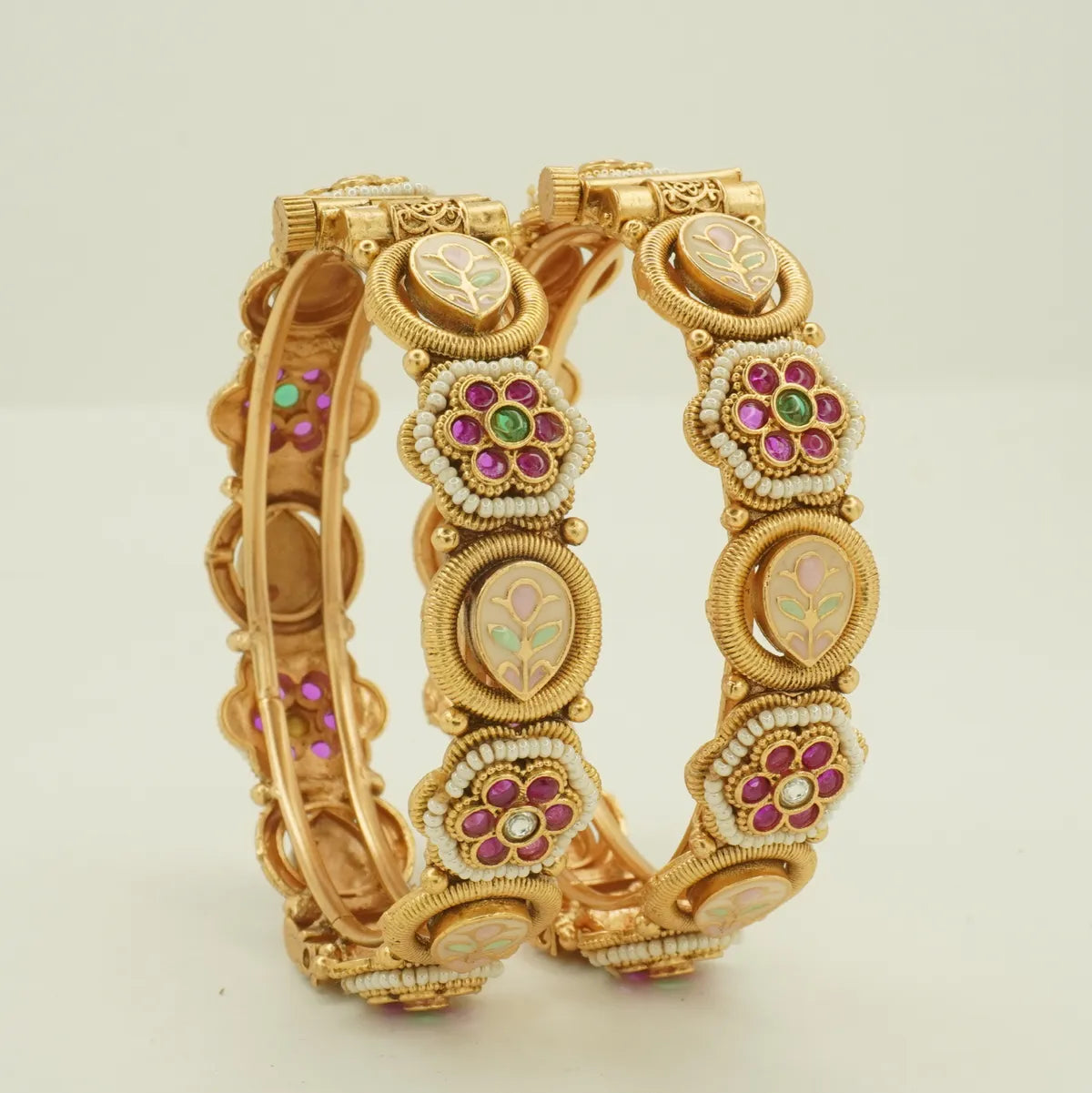 Antique Gold Plated Meenakari Floral Pearl Work Bridal Bangle Set for Women