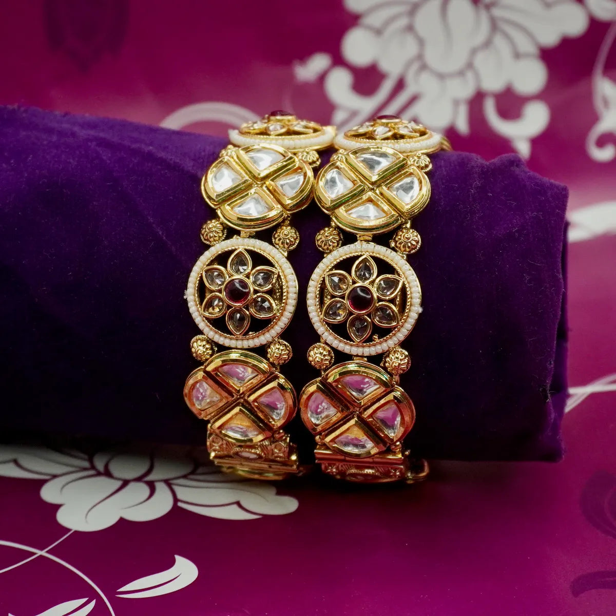 Ruby Work Rounded By AD and Pearl Stylish Copper Bangles Set