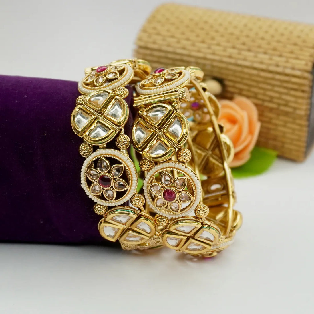 Ruby Work Rounded By AD and Pearl Stylish Copper Bangles Set