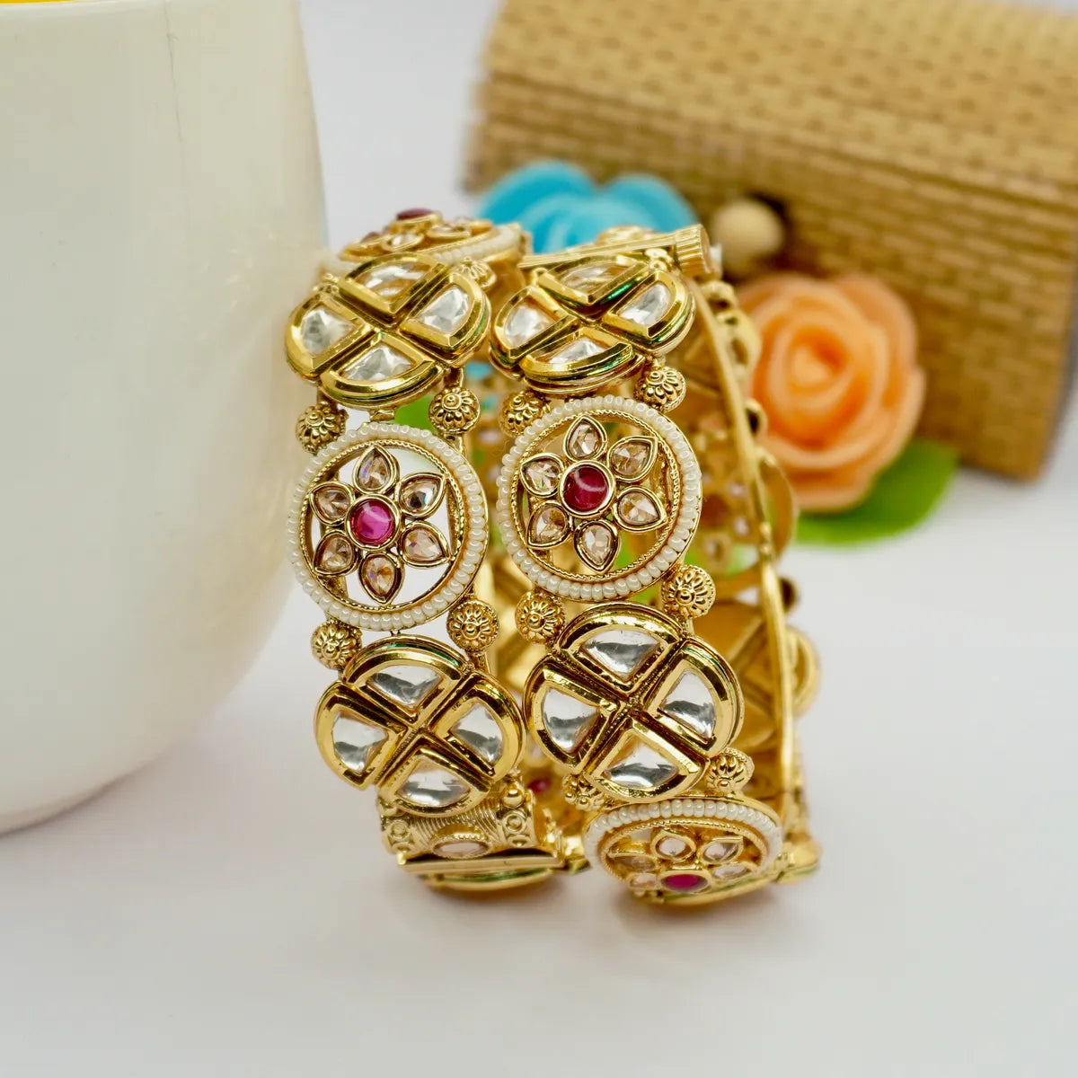 Ruby Work Rounded By AD and Pearl Stylish Copper Bangles Set